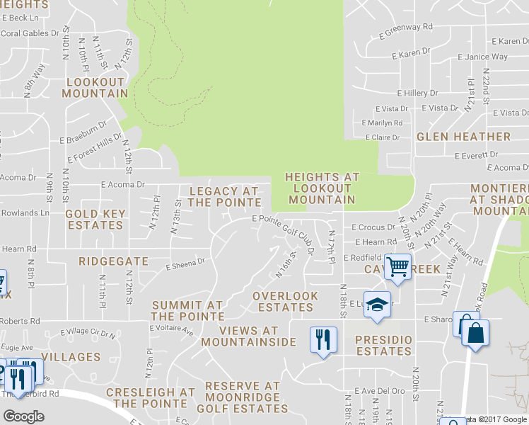 map of restaurants, bars, coffee shops, grocery stores, and more near 1531 East Winged Foot Road in Phoenix