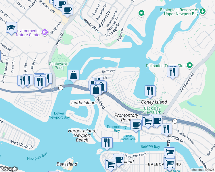 map of restaurants, bars, coffee shops, grocery stores, and more near 304 Lexington Circle in Newport Beach