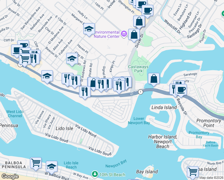 map of restaurants, bars, coffee shops, grocery stores, and more near 700 West Coast Highway in Newport Beach
