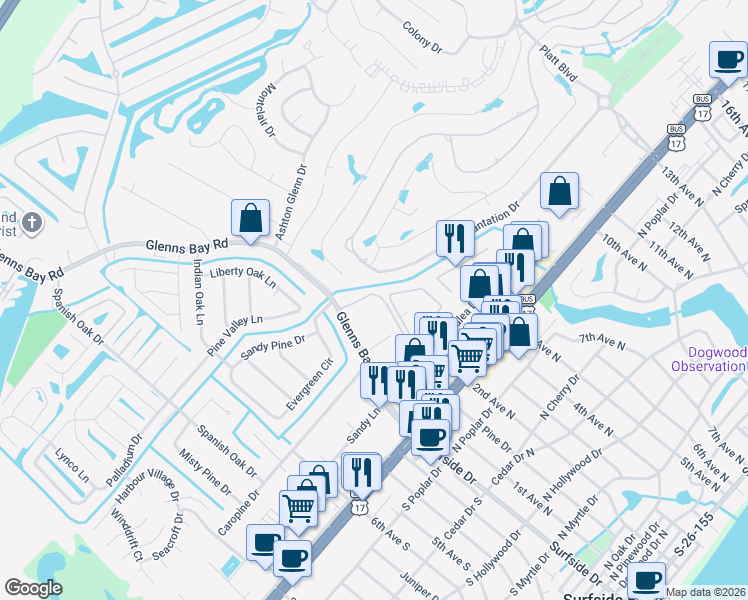 map of restaurants, bars, coffee shops, grocery stores, and more near 202 Glenns Bay Road in Myrtle Beach