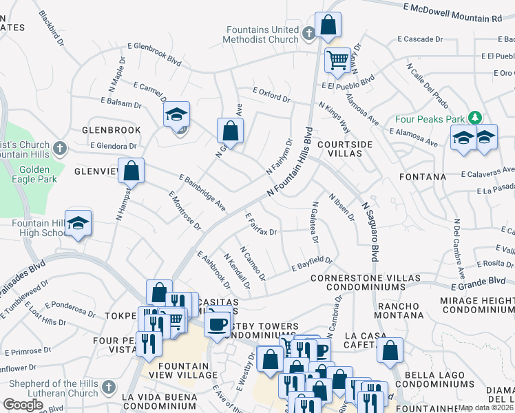 map of restaurants, bars, coffee shops, grocery stores, and more near 14252 North Edgeworth Drive in Fountain Hills