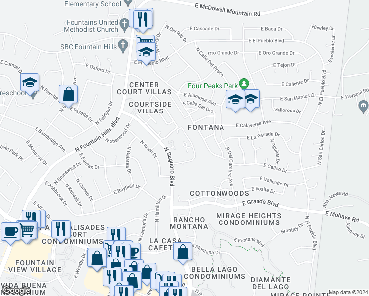 map of restaurants, bars, coffee shops, grocery stores, and more near 14248 North Oakwood Lane in Fountain Hills