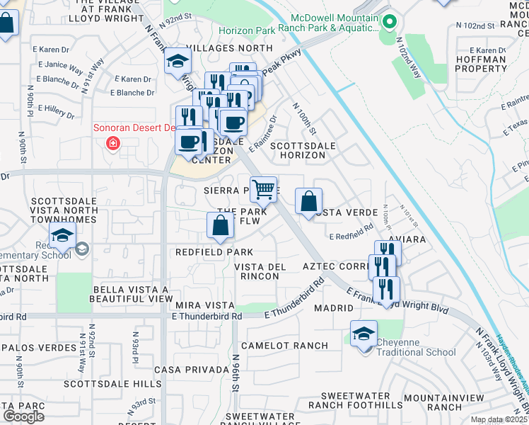 map of restaurants, bars, coffee shops, grocery stores, and more near 9758 East Gelding Drive in Scottsdale