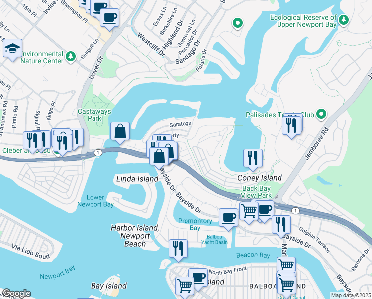 map of restaurants, bars, coffee shops, grocery stores, and more near 205 Tremont Drive in Newport Beach