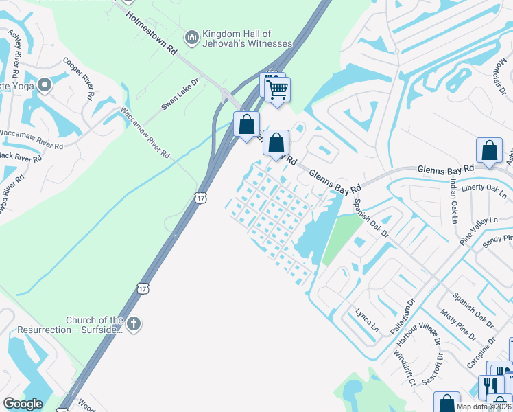 map of restaurants, bars, coffee shops, grocery stores, and more near 2266 Huntingdon Drive in Surfside Beach