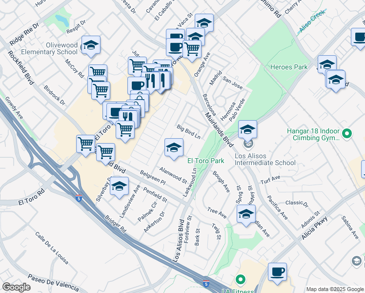 map of restaurants, bars, coffee shops, grocery stores, and more near 23822 La Rosa Drive in Lake Forest