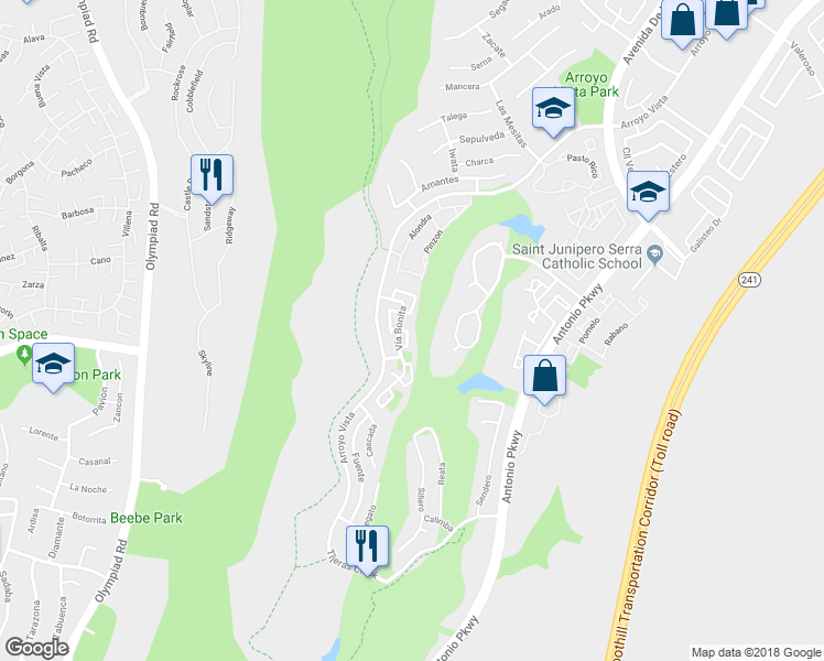 map of restaurants, bars, coffee shops, grocery stores, and more near 15 Vía Floria in Rancho Santa Margarita
