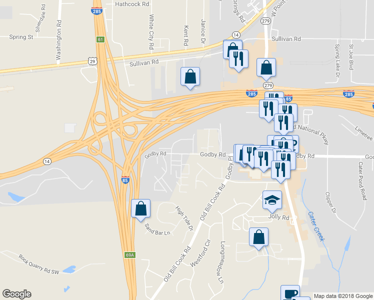 map of restaurants, bars, coffee shops, grocery stores, and more near 2813 Godby Road in College Park