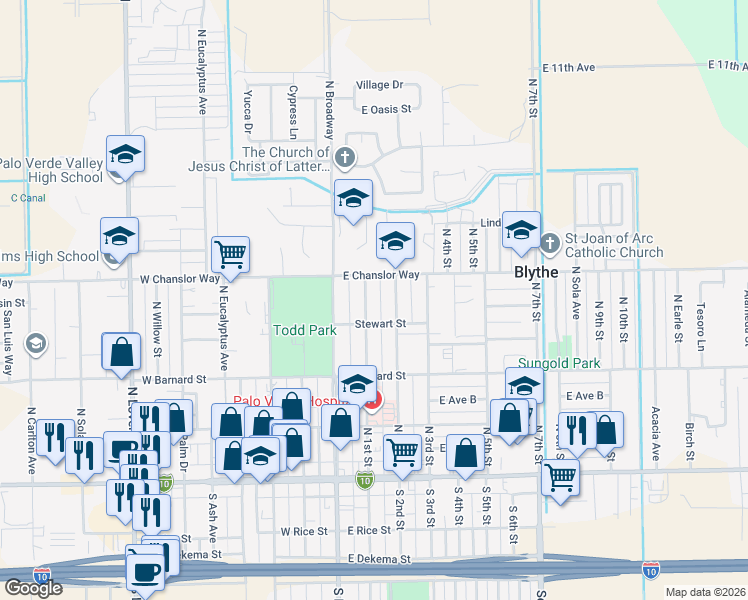 map of restaurants, bars, coffee shops, grocery stores, and more near 444 North 1st Street in Blythe