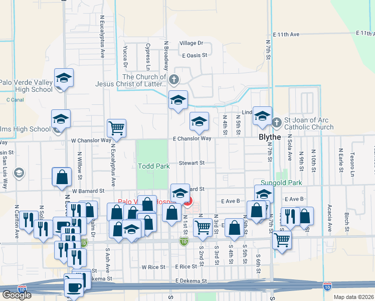 map of restaurants, bars, coffee shops, grocery stores, and more near 444 North 1st Street in Blythe