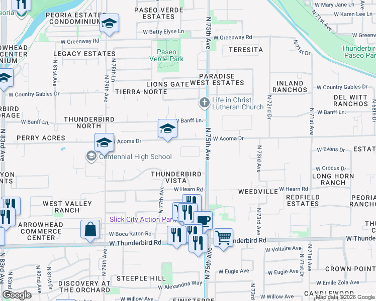 map of restaurants, bars, coffee shops, grocery stores, and more near 7505 West Acoma Drive in Peoria
