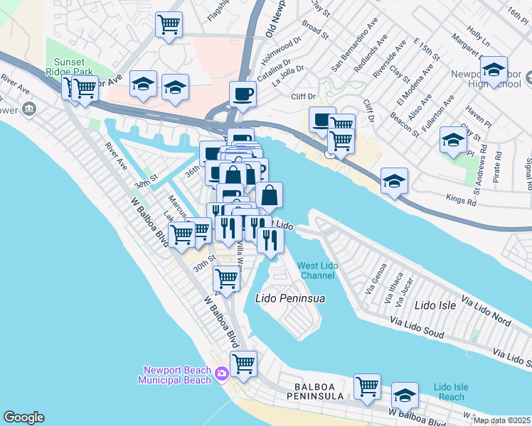 map of restaurants, bars, coffee shops, grocery stores, and more near 3312 Via Lido in Newport Beach