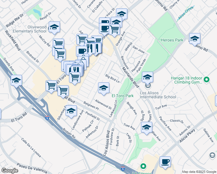 map of restaurants, bars, coffee shops, grocery stores, and more near 23822 La Rosa Drive in Lake Forest