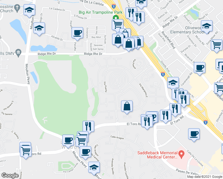map of restaurants, bars, coffee shops, grocery stores, and more near 2309 Via Puerta in Laguna Woods