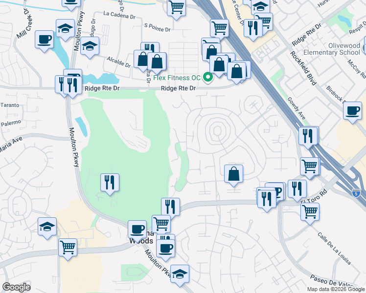 map of restaurants, bars, coffee shops, grocery stores, and more near 2393 Via Mariposa West in Laguna Woods
