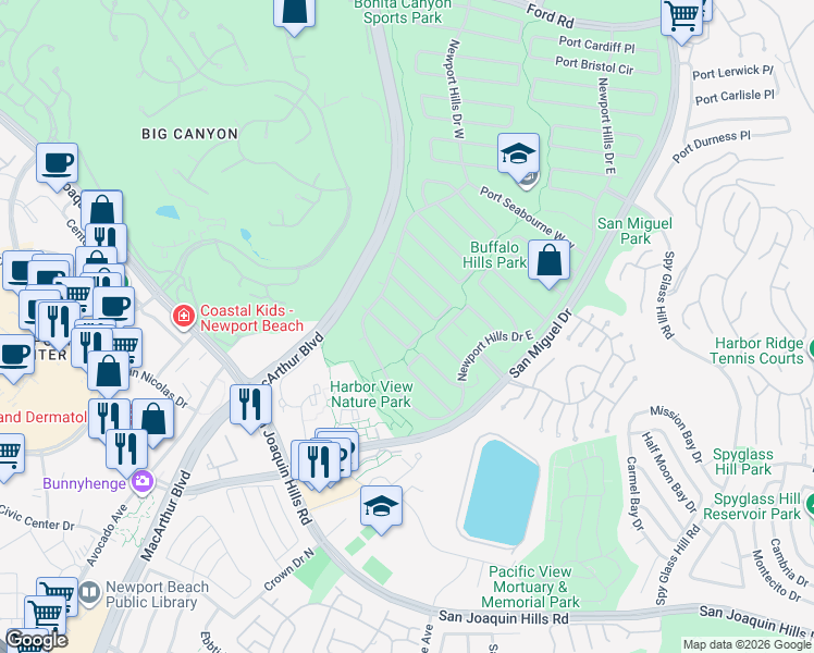 map of restaurants, bars, coffee shops, grocery stores, and more near 1836 Port Stanhope Place in Newport Beach
