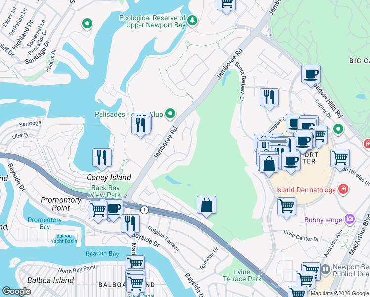 map of restaurants, bars, coffee shops, grocery stores, and more near 56 Ocean Vista in Newport Beach