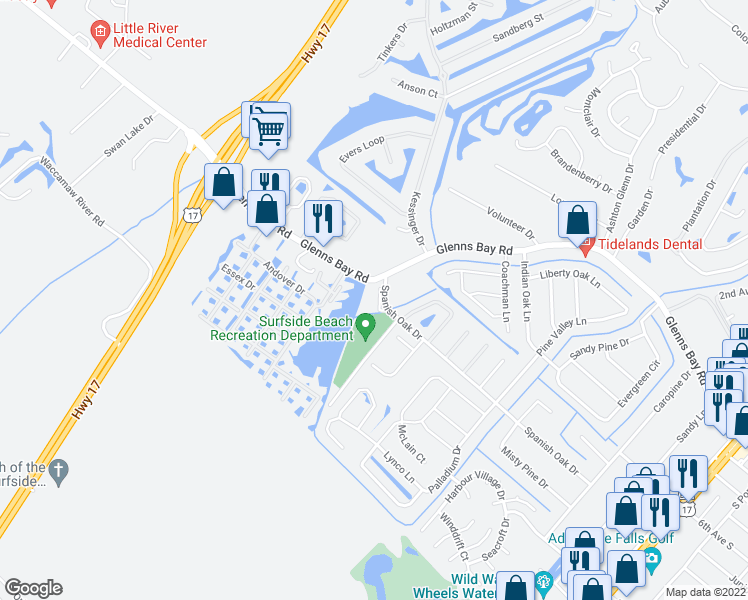 map of restaurants, bars, coffee shops, grocery stores, and more near 140 Spanish Oak Drive in Myrtle Beach