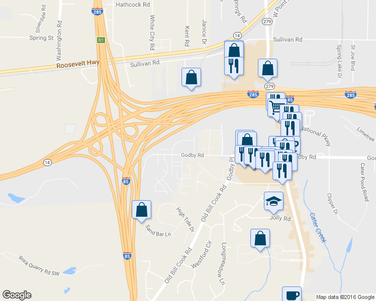 map of restaurants, bars, coffee shops, grocery stores, and more near 2813 Godby Road in College Park