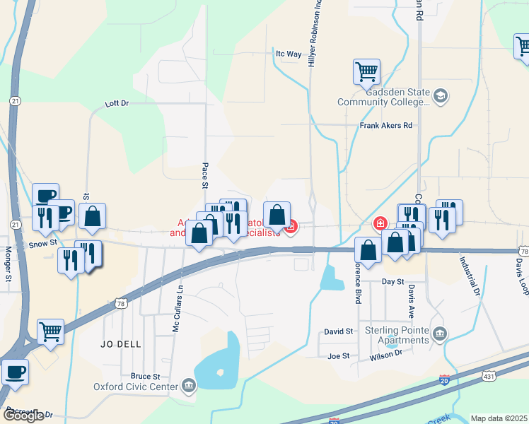 map of restaurants, bars, coffee shops, grocery stores, and more near 120 Pine Lane in Oxford