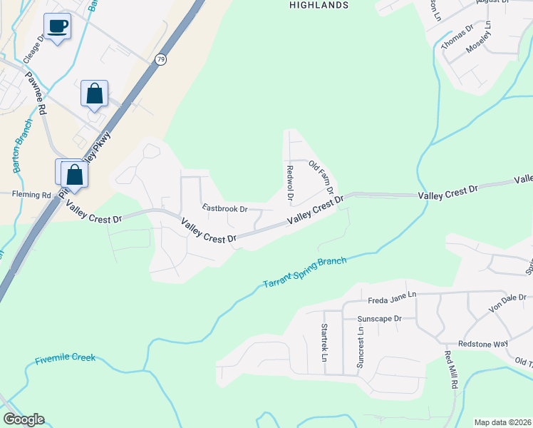 map of restaurants, bars, coffee shops, grocery stores, and more near 443 Valley Crest Drive in Birmingham