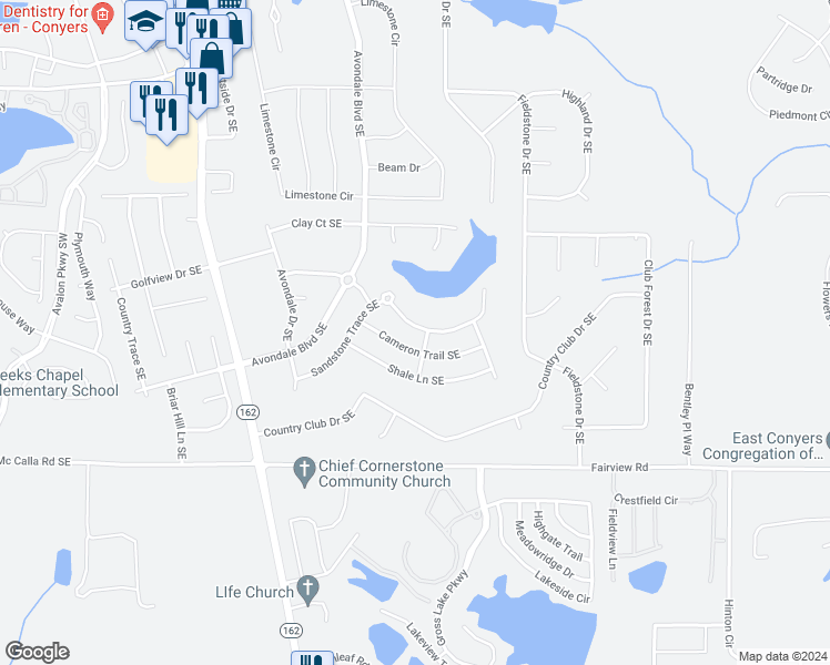 map of restaurants, bars, coffee shops, grocery stores, and more near 3454 Sandstone Trail Southeast in Conyers