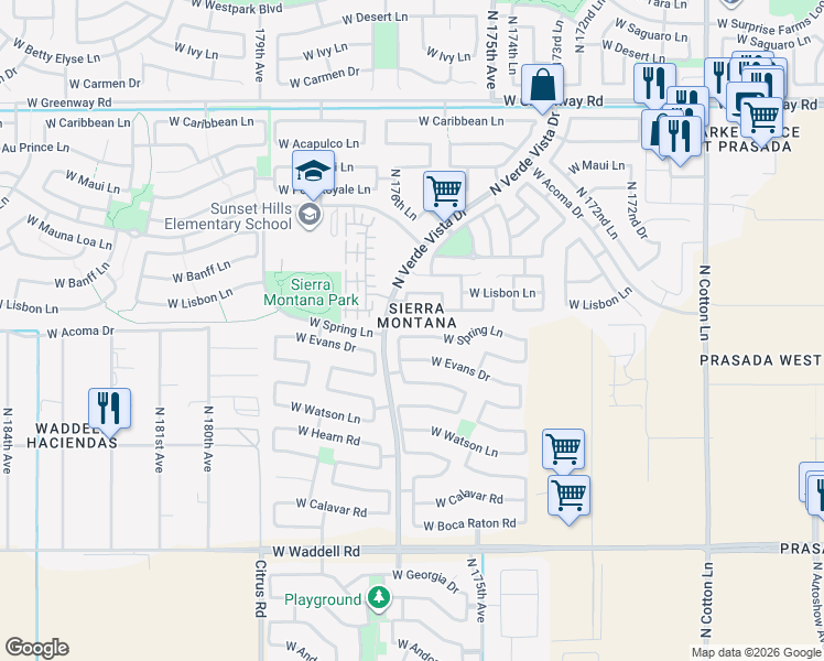 map of restaurants, bars, coffee shops, grocery stores, and more near 17635 West Spring Lane in Surprise