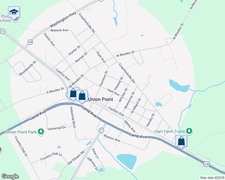 map of restaurants, bars, coffee shops, grocery stores, and more near 108 Veazey Street in Union Point