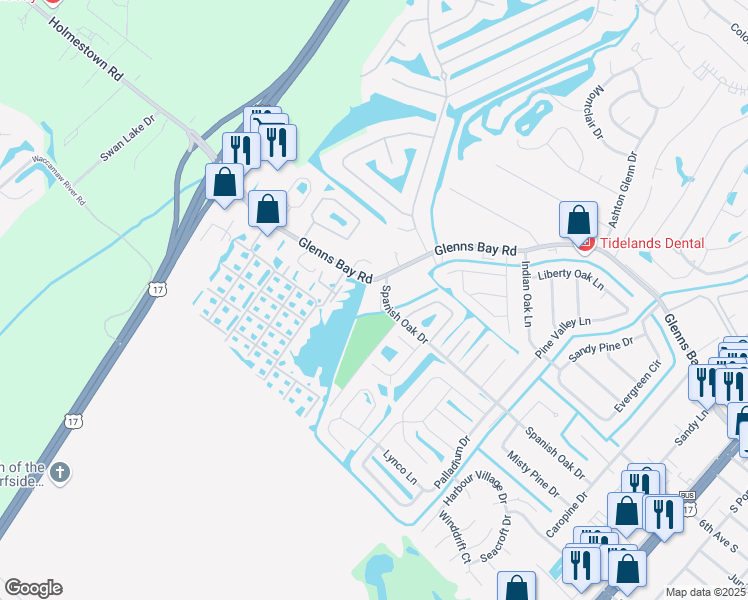 map of restaurants, bars, coffee shops, grocery stores, and more near 120 Spanish Oak Court in Myrtle Beach