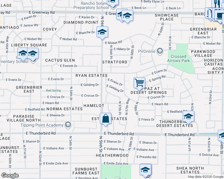 map of restaurants, bars, coffee shops, grocery stores, and more near 5721 East Gelding Drive in Scottsdale