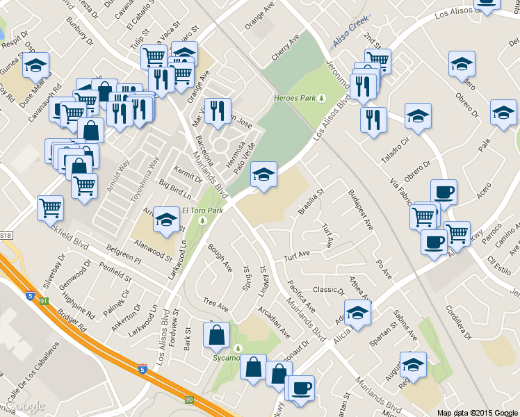 map of restaurants, bars, coffee shops, grocery stores, and more near 25171 Moor Avenue in Mission Viejo