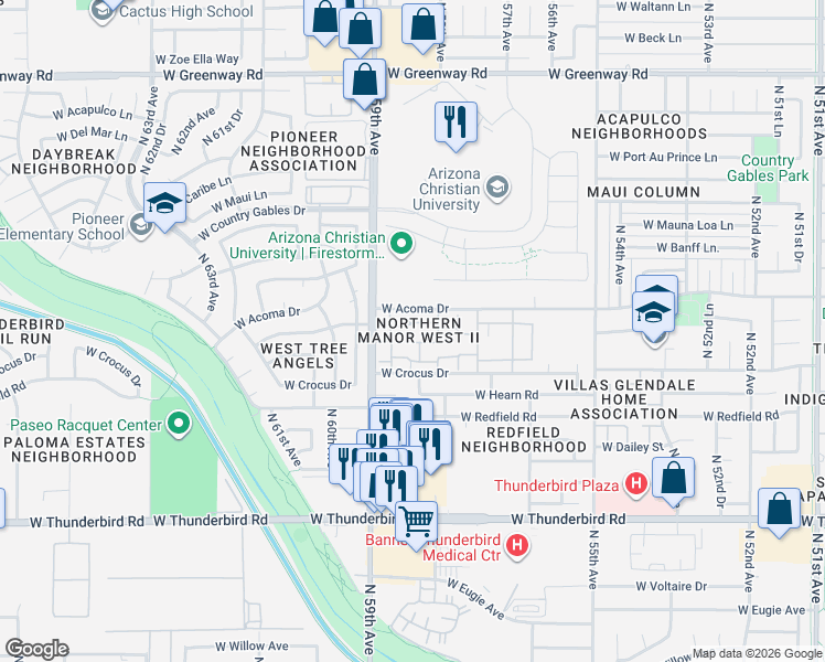 map of restaurants, bars, coffee shops, grocery stores, and more near 5806 West Gelding Drive in Glendale