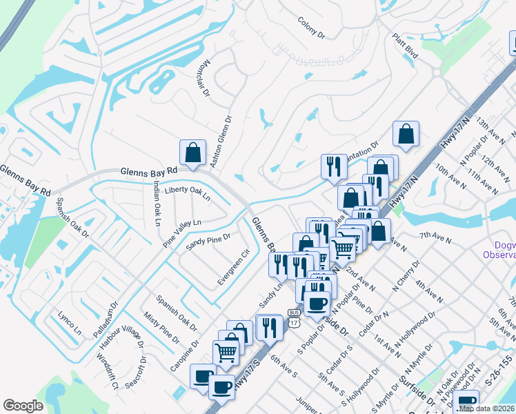 map of restaurants, bars, coffee shops, grocery stores, and more near 1365 Glenns Bay Road in Surfside Beach