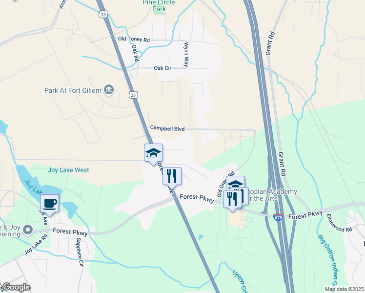 map of restaurants, bars, coffee shops, grocery stores, and more near 2600 Burkshire Road in Ellenwood