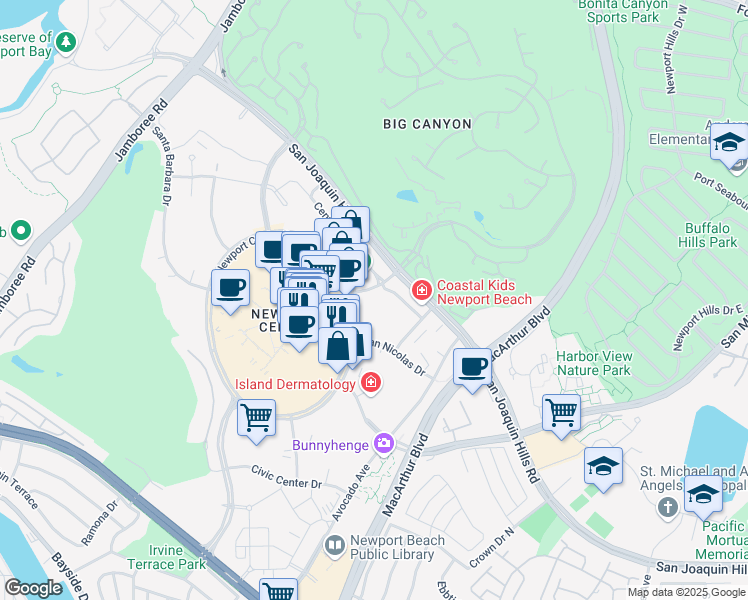 map of restaurants, bars, coffee shops, grocery stores, and more near 550 Newport Center Drive in Newport Beach