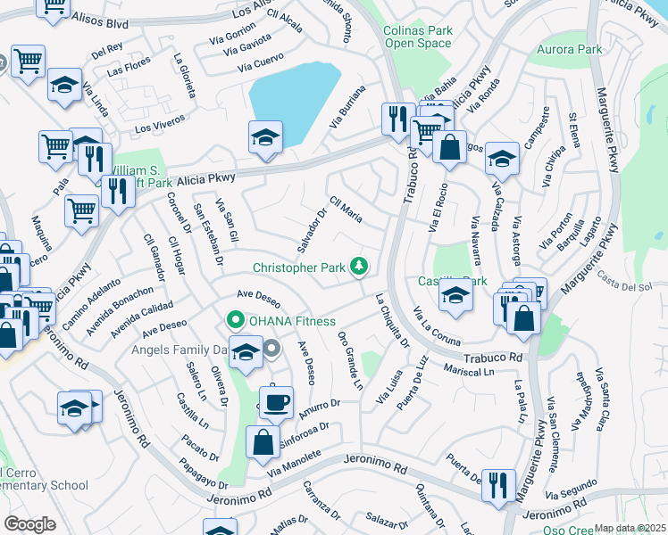 map of restaurants, bars, coffee shops, grocery stores, and more near 26741 Rabida Circle in Mission Viejo