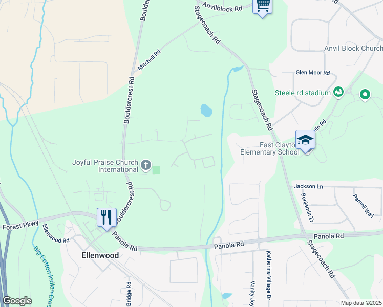 map of restaurants, bars, coffee shops, grocery stores, and more near 5052 Hickory Circle in Ellenwood