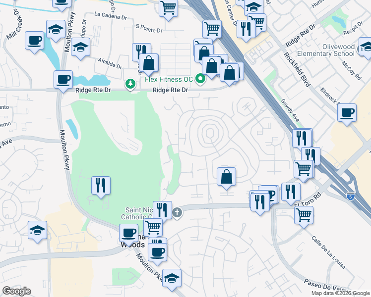 map of restaurants, bars, coffee shops, grocery stores, and more near 2324 Via Puerta in Laguna Woods