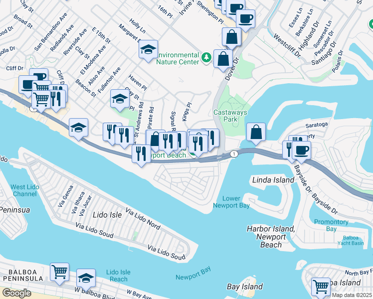 map of restaurants, bars, coffee shops, grocery stores, and more near 521 Kings Road in Newport Beach