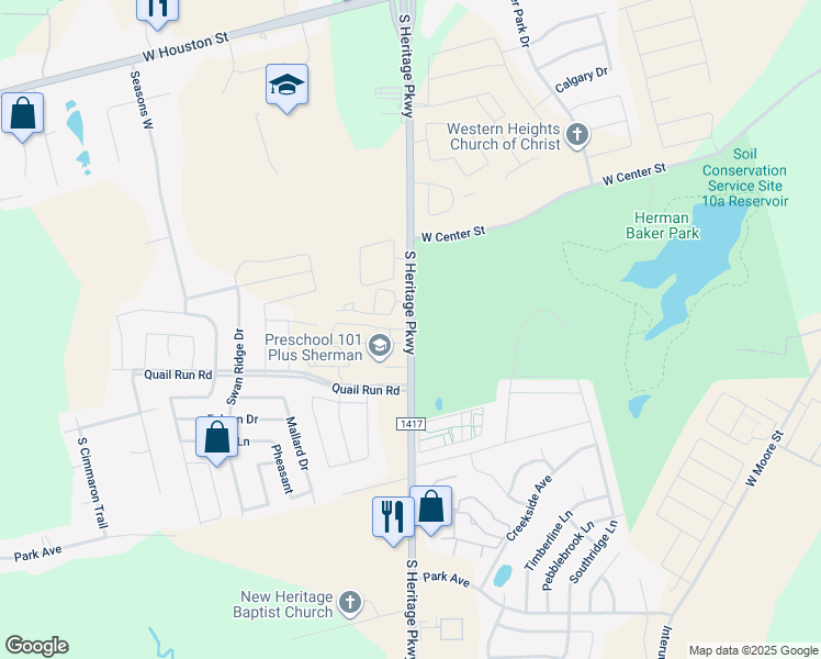 map of restaurants, bars, coffee shops, grocery stores, and more near 900 South Heritage Parkway in Sherman