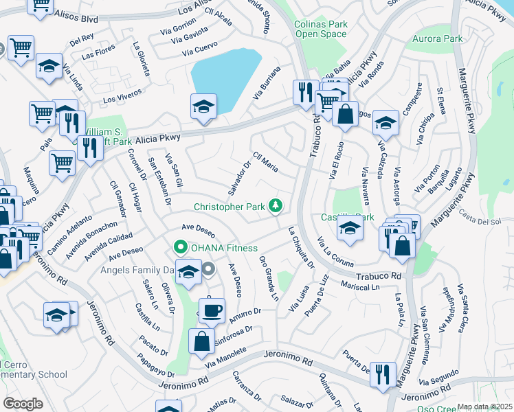 map of restaurants, bars, coffee shops, grocery stores, and more near 26741 Rabida Circle in Mission Viejo