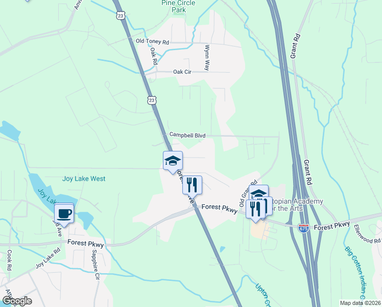 map of restaurants, bars, coffee shops, grocery stores, and more near 2563 Burkshire Road in Ellenwood