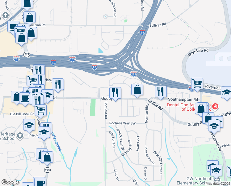 map of restaurants, bars, coffee shops, grocery stores, and more near 2215 Godby Road in College Park