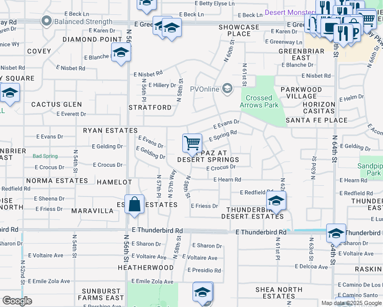 map of restaurants, bars, coffee shops, grocery stores, and more near 5803 East Gelding Drive in Scottsdale