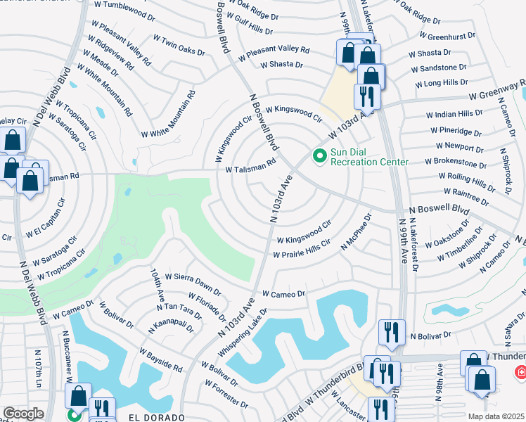 map of restaurants, bars, coffee shops, grocery stores, and more near 10529 West Desert Forest Circle in Sun City