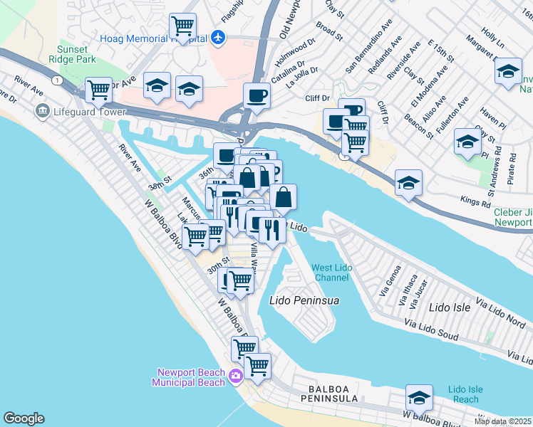 map of restaurants, bars, coffee shops, grocery stores, and more near 3353 Via Lido in Newport Beach