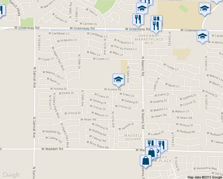 map of restaurants, bars, coffee shops, grocery stores, and more near 15688 W Acoma Rd in Surprise