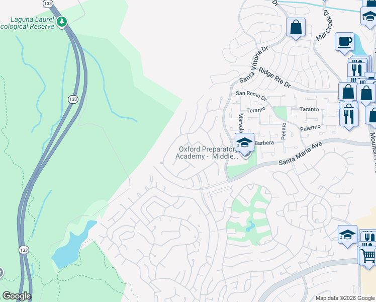 map of restaurants, bars, coffee shops, grocery stores, and more near 5117 Miembro in Laguna Woods