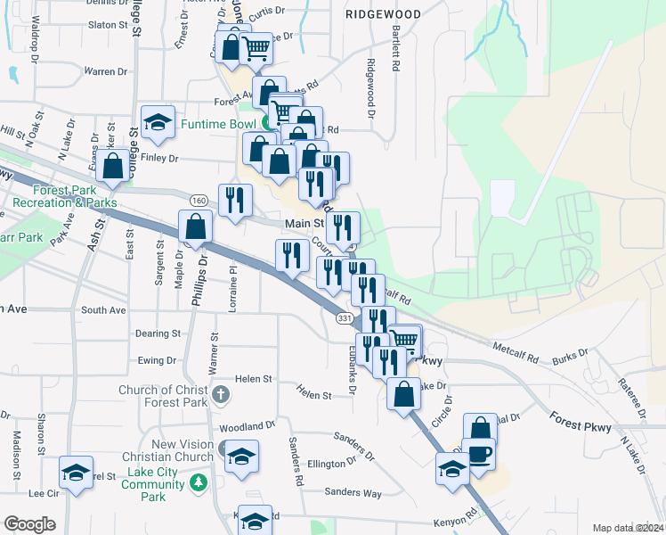 map of restaurants, bars, coffee shops, grocery stores, and more near 5013 Courtney Drive in Forest Park