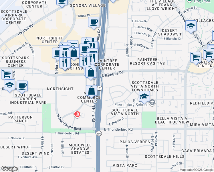 map of restaurants, bars, coffee shops, grocery stores, and more near 8907 East Palm Ridge Drive in Scottsdale